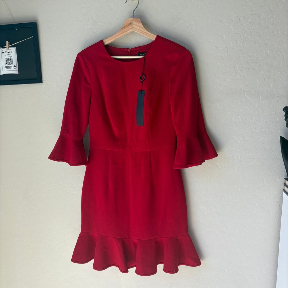 NEW Black Halo Dress Brooklyn Red Bell Sleeve Ruffle Hem Sheath Dress Size 4 - Picture 2 of 8